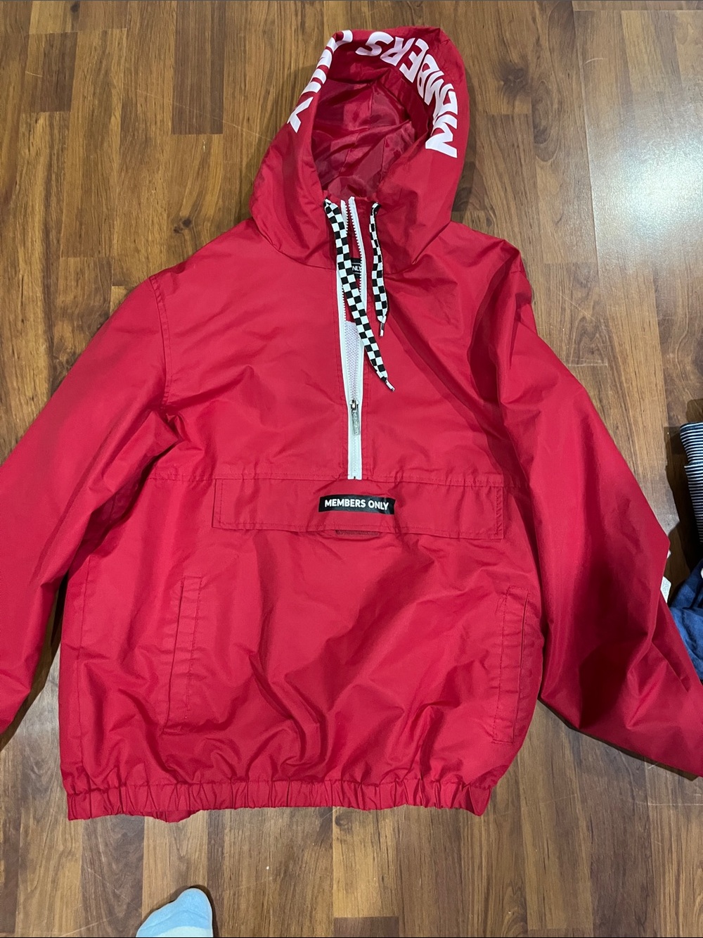 Members Only Red Windbreaker Anorak with Checkerboard Drawstrings